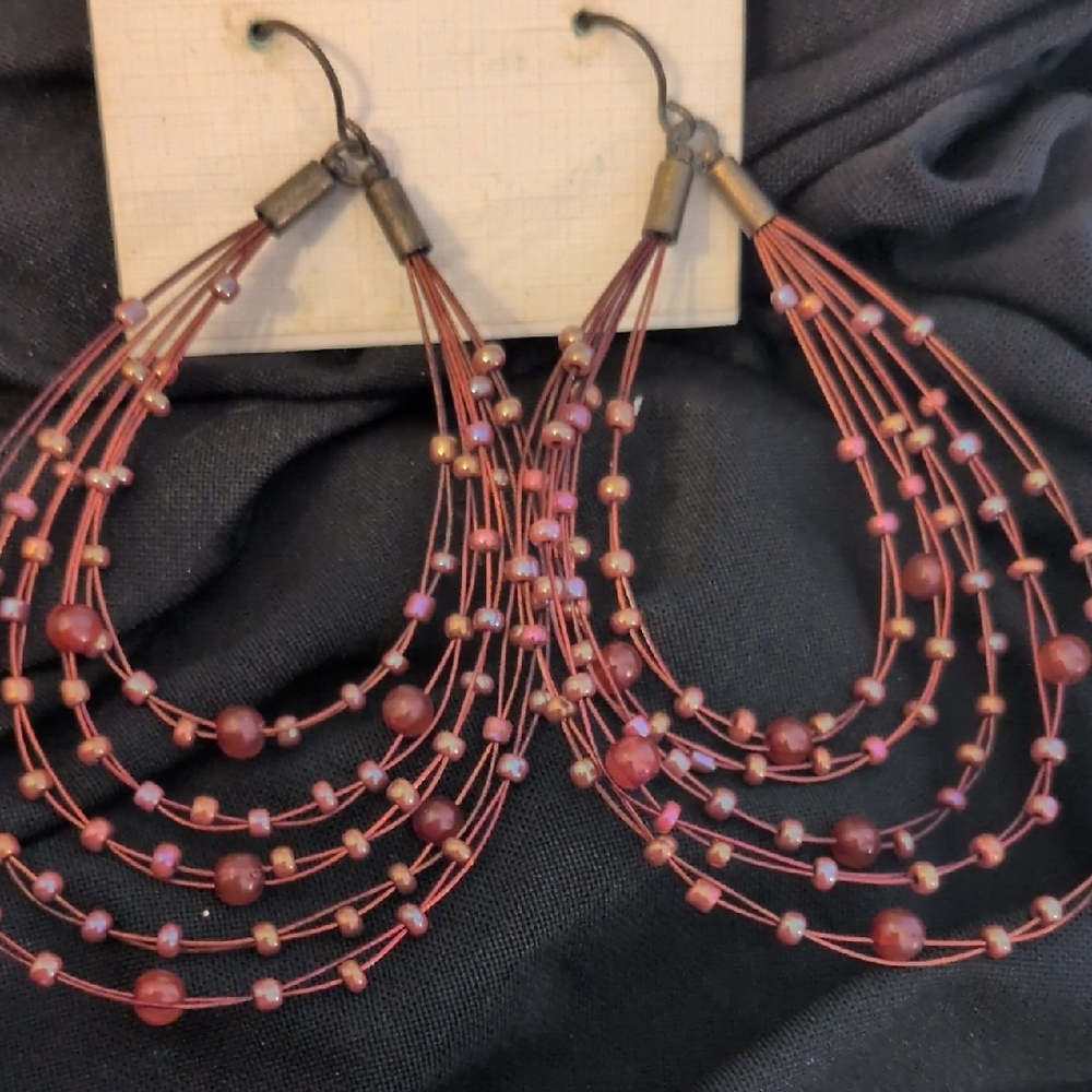 Robert Rose Rose-Pink Multi-Strand Beaded Hoop Boho  Earrings - Picture 3 of 5